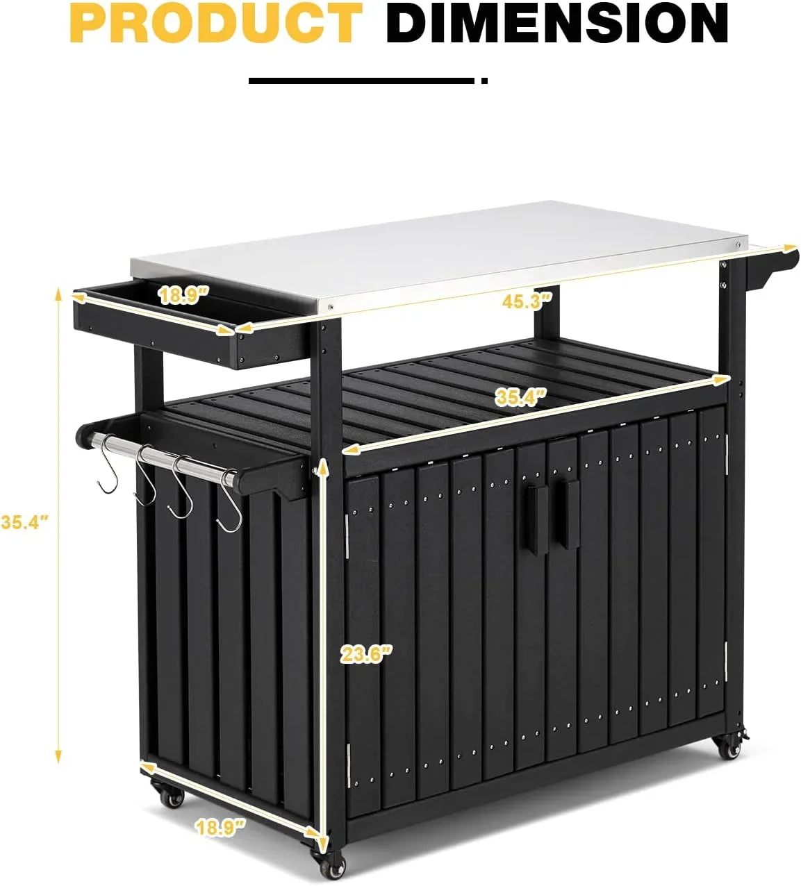 Rolling Towel Rack, Cabinet, Island And Storage Island With With Spice HDPE Steel Rack, Table Cart, Kitchen Black Hooks, Stainless Kitchen Top