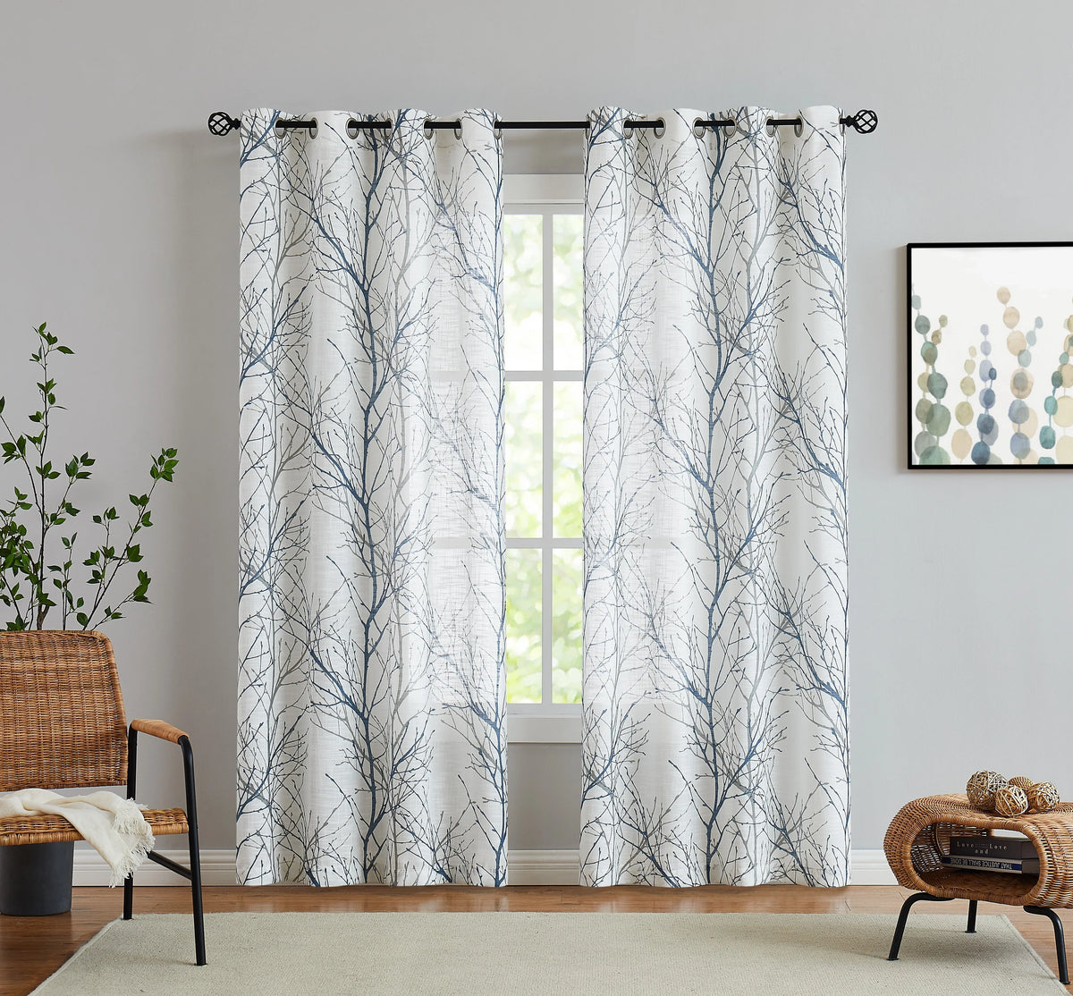 Branches Tree Drapes Gray Blue Living for Sheer for Curtain Decoultimatex Set White Linen Bedroom, Window Sheer Textured Grommet, Print Curtain Panels Room 52"x84"x2 Semi