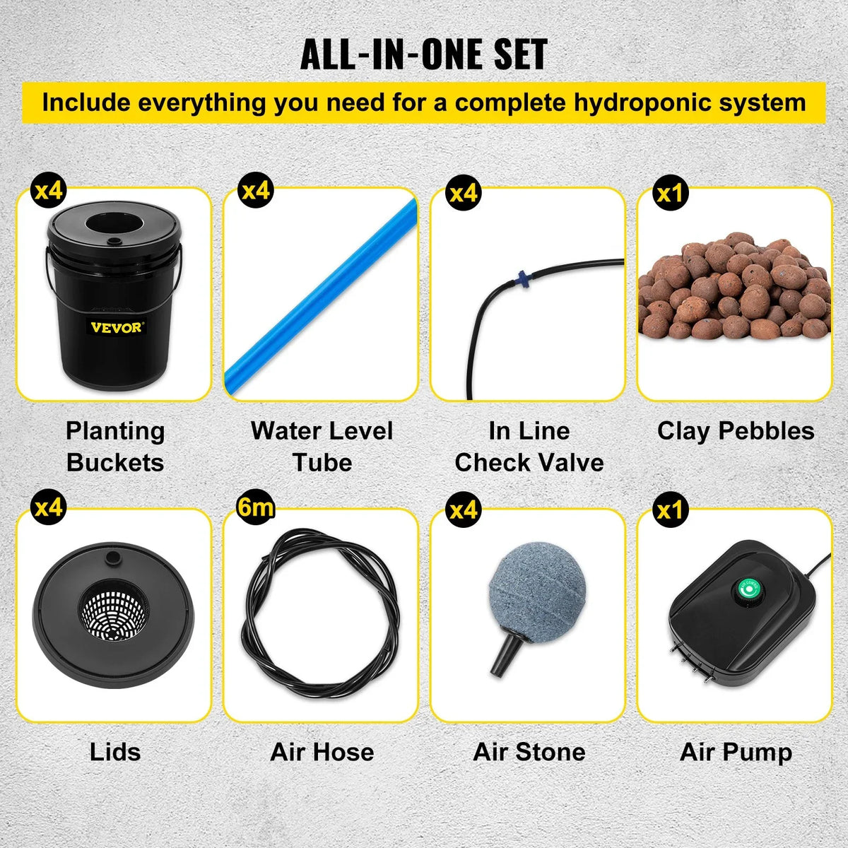 Leafy Hydroponic 5-Gallon, Stone System liquid VEVOR Grow Vegetables Pump, DWC & Indicator with for Kit, Level Air Indoor/exterior 4-Bucket