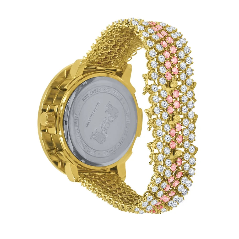 Pink dimension Gold Simulated Roman Face Diamond Rodeo Mens Tourmaline Adjustable Dial Big Jo Band Watch Custom Numeral Tone