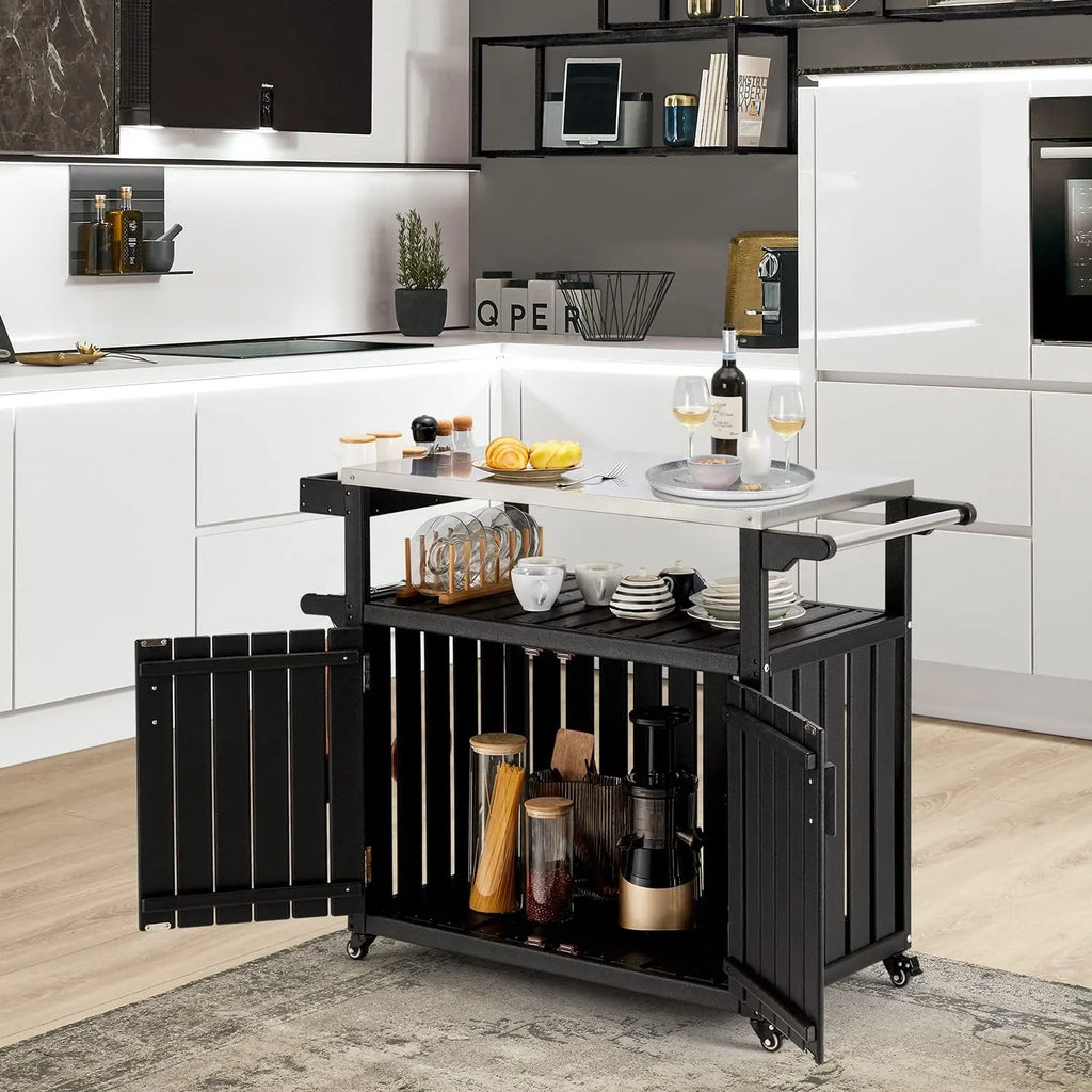 Rolling Towel Rack, Cabinet, Island And Storage Island With With Spice HDPE Steel Rack, Table Cart, Kitchen Black Hooks, Stainless Kitchen Top