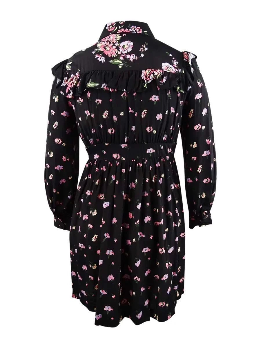 JILL Black Long STUART L Sleeve Shirt Womens Ruffled outfit Printed