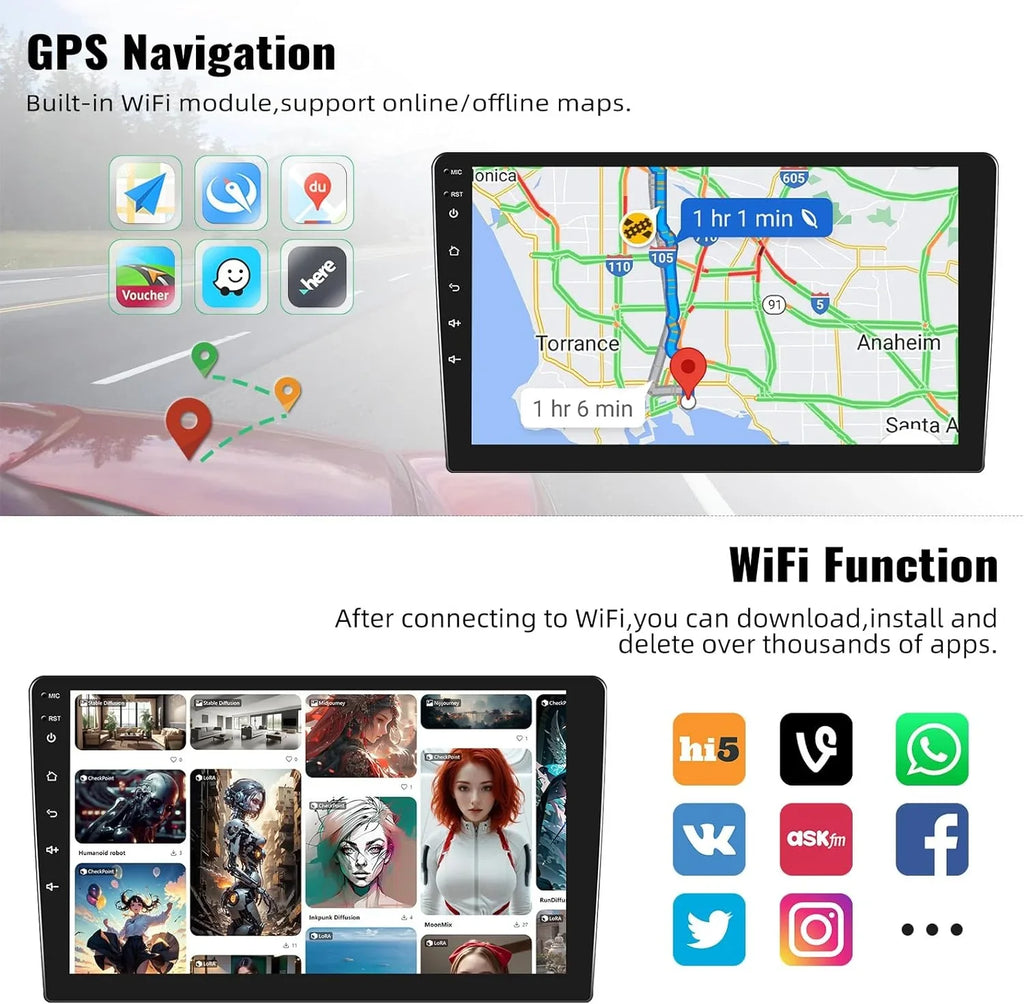 with 10.1'' with Screen Radio GPS Mirror Unit Head Android WiFi Bluetooth Touch Single Stereo USB + 1G+32G Car Camera Car Link Navigation FM Din Backup Rimoody