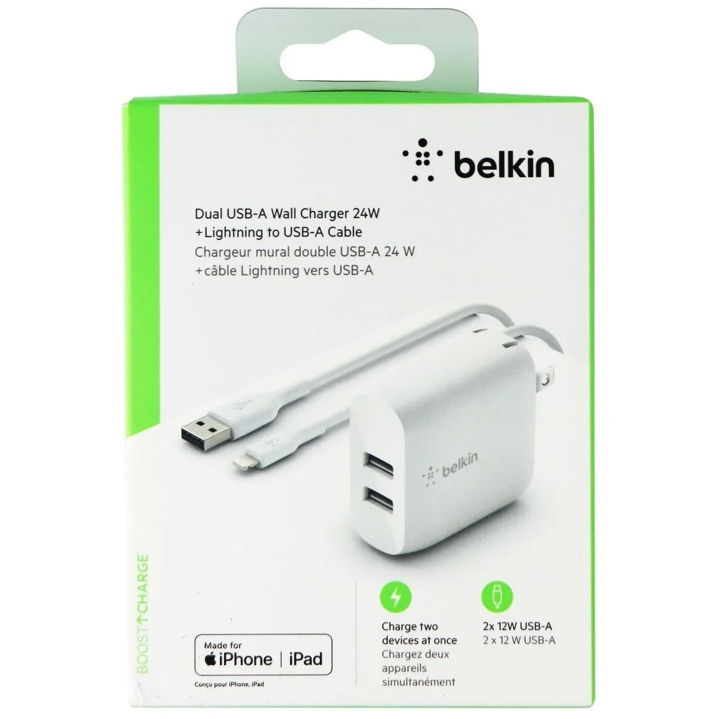 Belkin (24W) White for 8-Pin iPhone Charger USB Dual + Wall Cable -