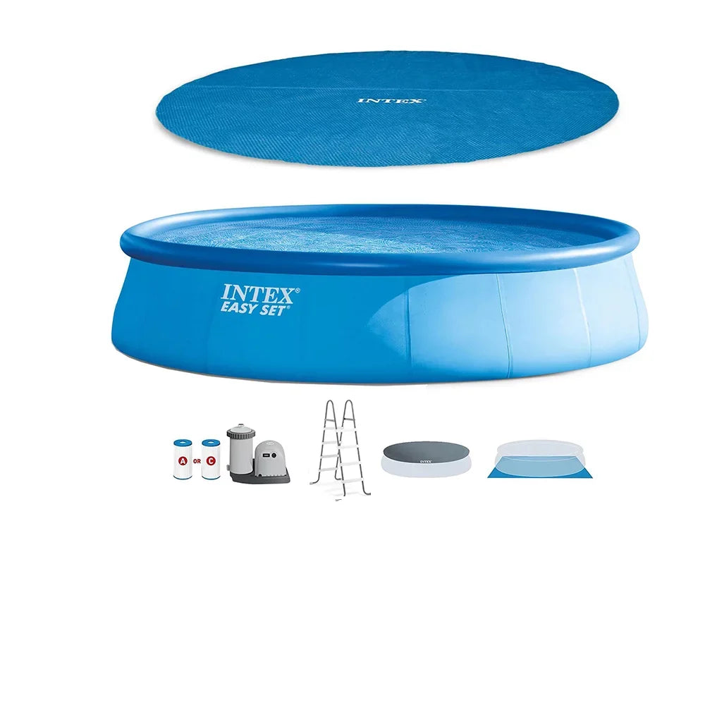 Above Ground Metal Inflatable Frame Intex Pool & x 18ft Round Ladder, Pump with Cover 48in