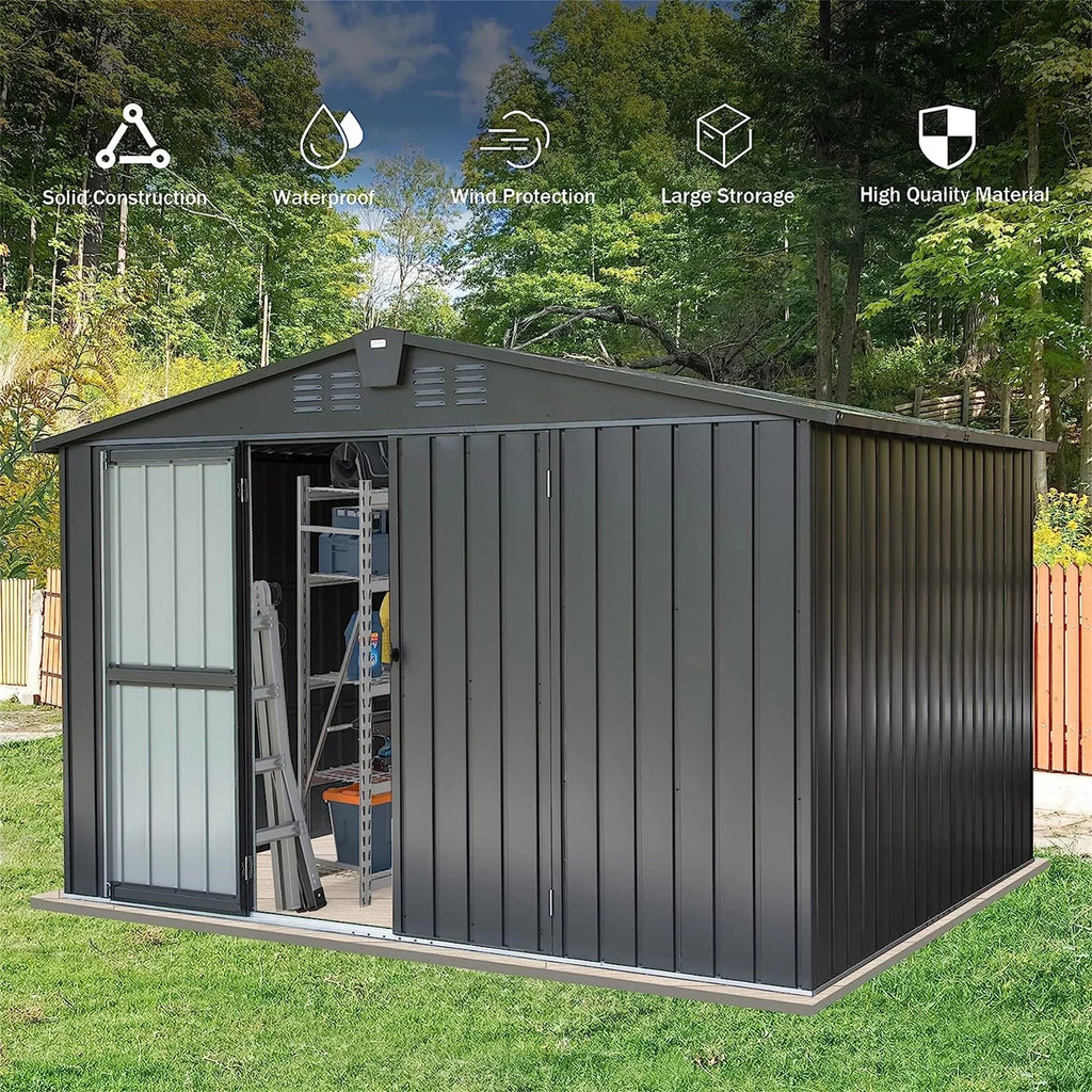 Can, exterior Shed for Homiyad (10X8ft, Tools, Garden Black) with exterior 8', for Bike, Door Lawn Steel Trash 10'X Metal Galvanized Storage Storage Backyard, Cabinet Shed Lockable Patio,