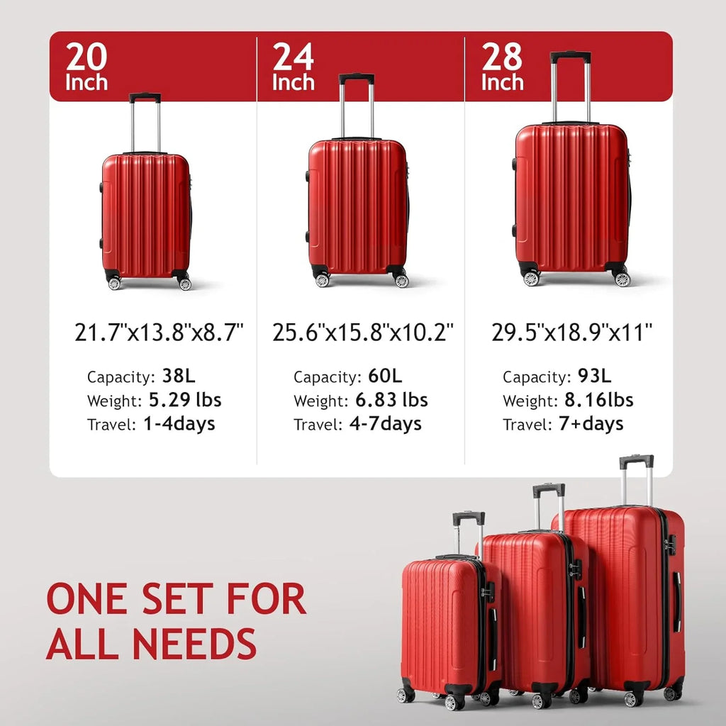 ABS Portable 3 & Red TSA (20/24/28) Spinner for Business Luggage - Lightweight Sets Set Luggages Suitcase of lock, on with Carry Wheels Travel Hardside