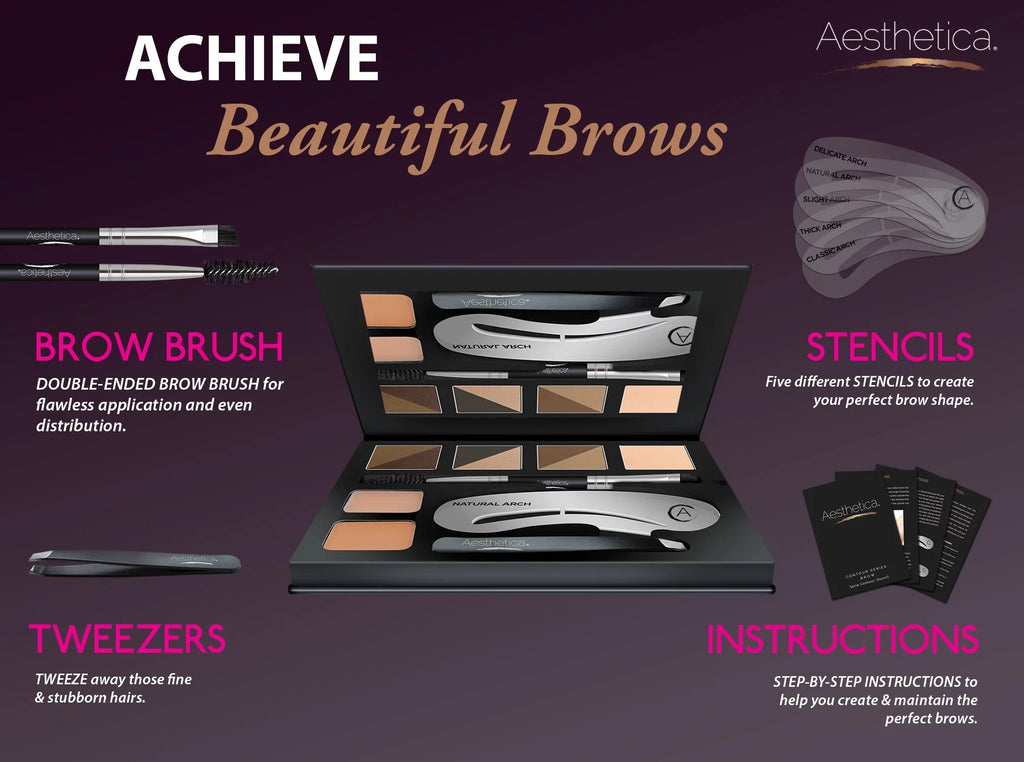 Contour - 6 Palette 5 Spoolie/Brush Powders, Eyebrow Aesthetica Duo, Highlighter, Instructions Kit Tweezers, Eyebrow Stencils, & Makeup - Brow Wax, Brow 16-Piece Eyebrow Concealer