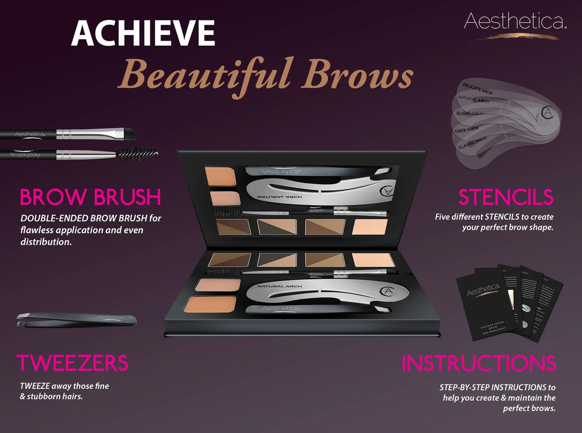 Contour - 6 Palette 5 Spoolie/Brush Powders, Eyebrow Aesthetica Duo, Highlighter, Instructions Kit Tweezers, Eyebrow Stencils, & Makeup - Brow Wax, Brow 16-Piece Eyebrow Concealer