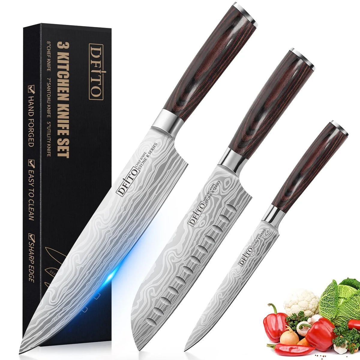 Ergonomic for Gift Carbon Chef DFITO Kitchen Steel Stainless Restaurant Knife, Knives,High or and Professional Blade, Ultra 3PCS Knife Home Handle Box Sharp Set, Chefs