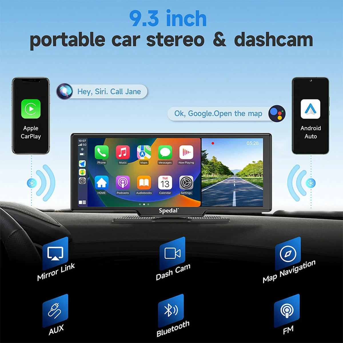 Stereo Camera Car and Front 9.3" Head CarPlay Unit Cam ＆Android Screen Wireless with Receivers Car GPS CL860 Rear Navigation Spedal CarPlay 4K Portable Stereo Dash Auto Bluetooth Rear- 1080p