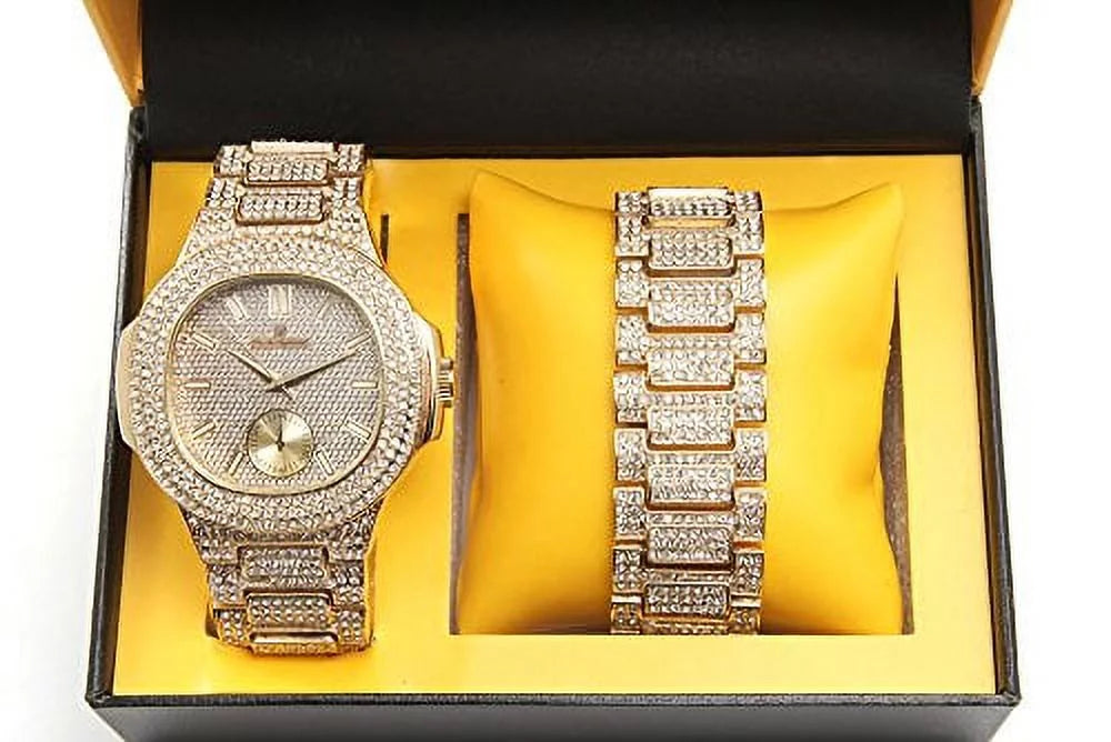 '- 8475B (Gold/Gold) Mens Metal Out Bling-ed Case Watch w/Matching Bracelet Set Bling-ed Oblong Out