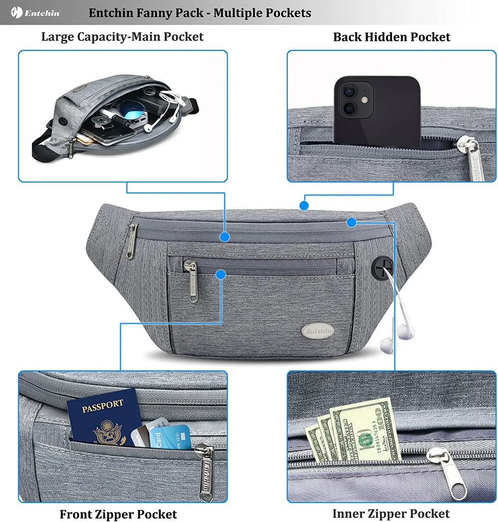 Entchin Hiking, Bum Casual Men Bags Pack Travel, Fanny Waist Pack 4-Zipper fashion with for Cycling and Running, Women Crossbody for premium Pockets,