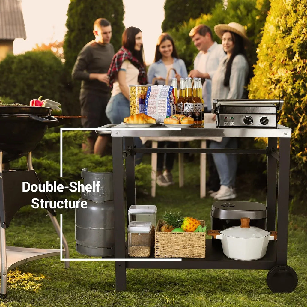 Handle, Food L33.5 Cart, on Movable w/Hooks, 2 Pizza Prep Table, Table Work Oven Kitchen Cart, x Wheels, Double-Shelf Worktable Stainless x Steel Bar Dining H31.8 W19.7 Dining exterior Room