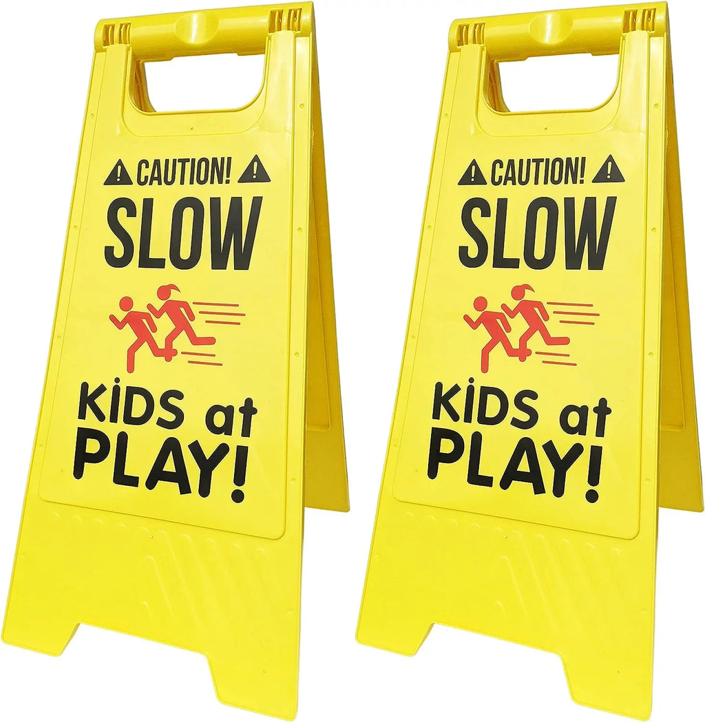 Caution! Signs, SciencePurchase Color, - KIDS at Standing Fold-Out Visibility - with Portable Sided, Handle PLAY! High Double Yellow Signs, SLOW Pack by Carrying 2