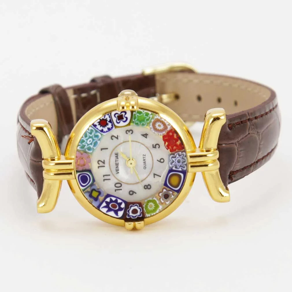 Leather with Murano - Millefiori Brown Band Glass GlassOfVenice Watch Multicolor