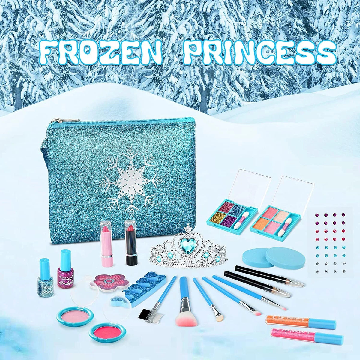Toddler & Cosmetic Old for Gift Makeup Makeup Girls, (Blue) Makeup Washable with Makeup 3-12 Set Kids Toy Bag, Safe for Years Girls 24 Non-Toxic Frozen Kids Kit Princess, Pcs Set Toys for Real Kit