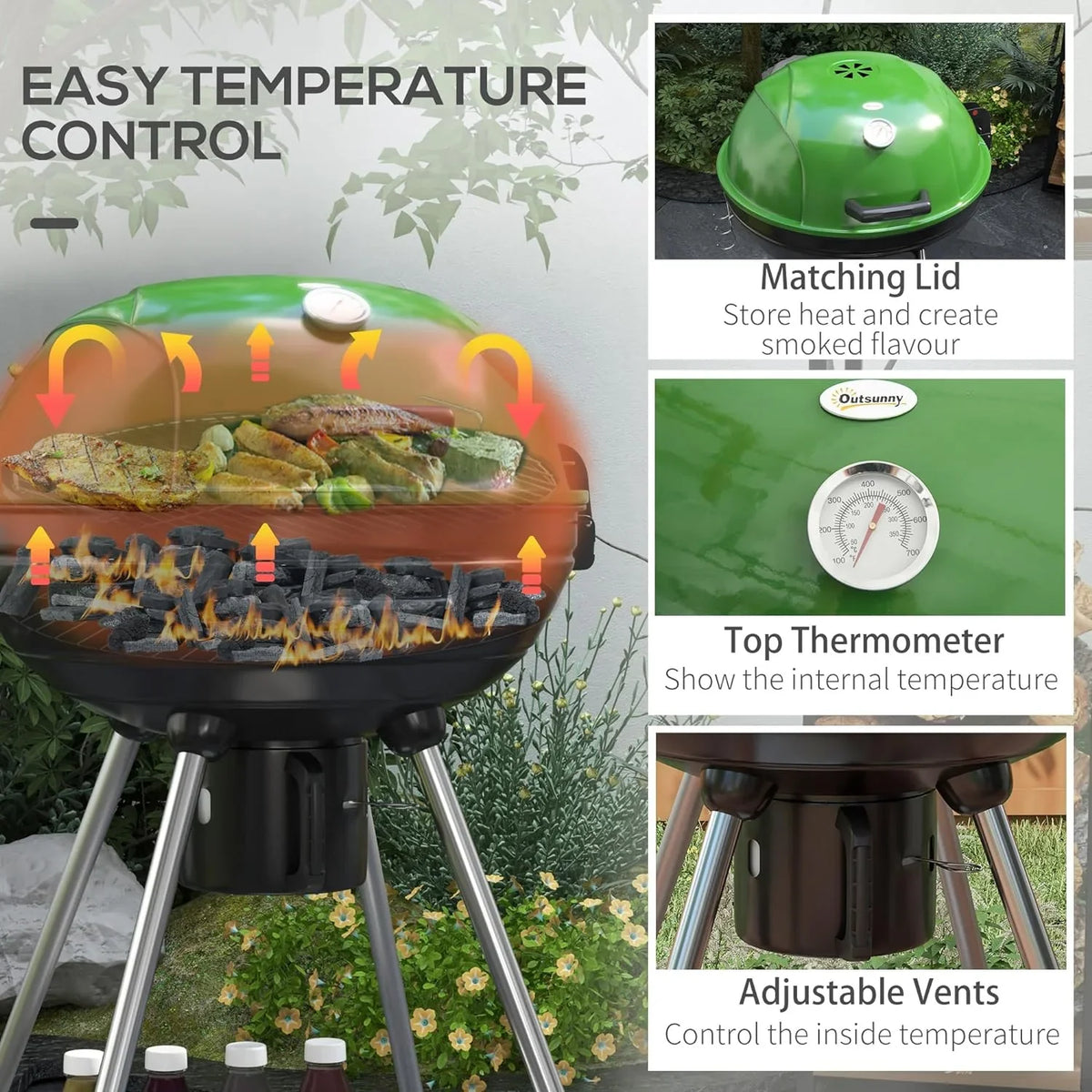 Shelf, Thermometer Green Ash Charcoal Kettle and with Cooking Area, Catcher Grill sq.in. exterior BBQ Trolley Wheels, 360 with for 21" Backyard Party, Built-in Patio, Barbecue