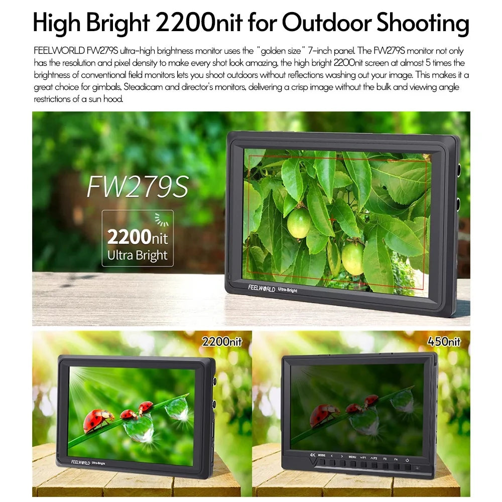for Ultra Design Daylight Input FW279S Output Viewable Even Outside IPS 1920*1200 Viewable Inch 7 Thin in Field 2200nit / Panel 4K 3G-SDI Bright Sunlight Direct Monitor FEELWORLD