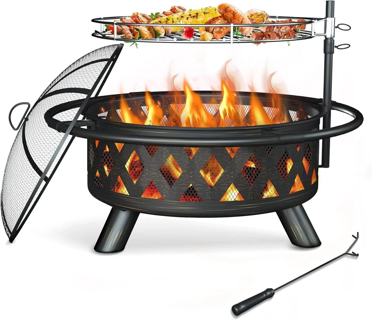 Screen for Poker ECOPATIO Fire Wood Camping, Grill Steel Garden, Firepit Pits, Backyard for Large Spark Patio Bonfire, 30 exterior Picnic Burning Grate, with Pit Fire Inch & BBQ Outside, Cooking