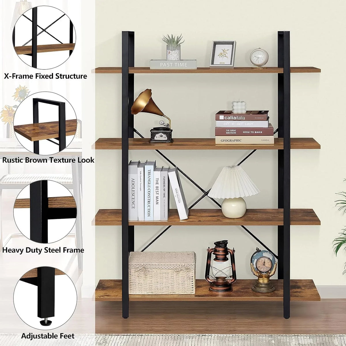 Display Office, Rustic Frame, 4-Tier DIQIN Shelf, Tall Home Shelves Bedroom, Living Book Bookshelf, Open for Bookcase Brown Metal with Room,