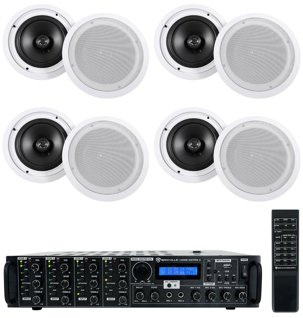 Rockville Home 8" (8) Ceiling Speaker w/ System Receiver Speakers+4-Zone 4-Room