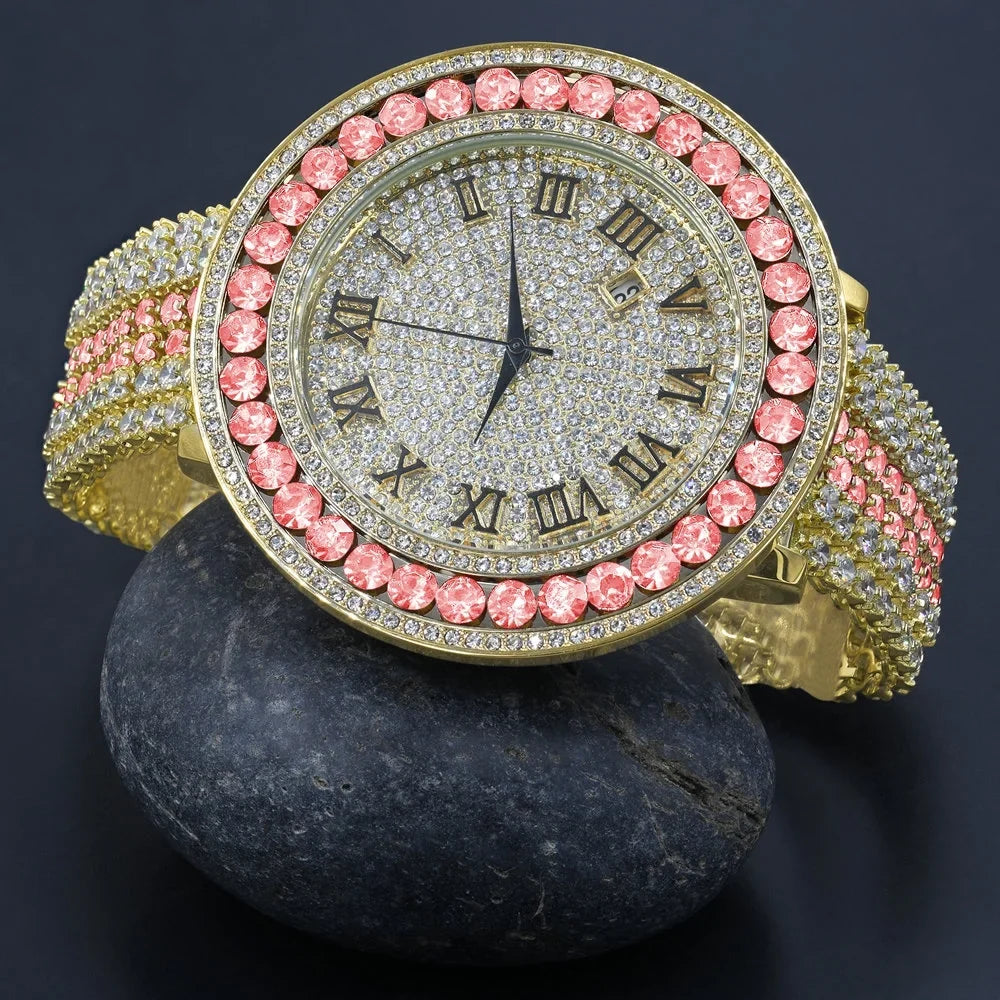 Pink dimension Gold Simulated Roman Face Diamond Rodeo Mens Tourmaline Adjustable Dial Big Jo Band Watch Custom Numeral Tone