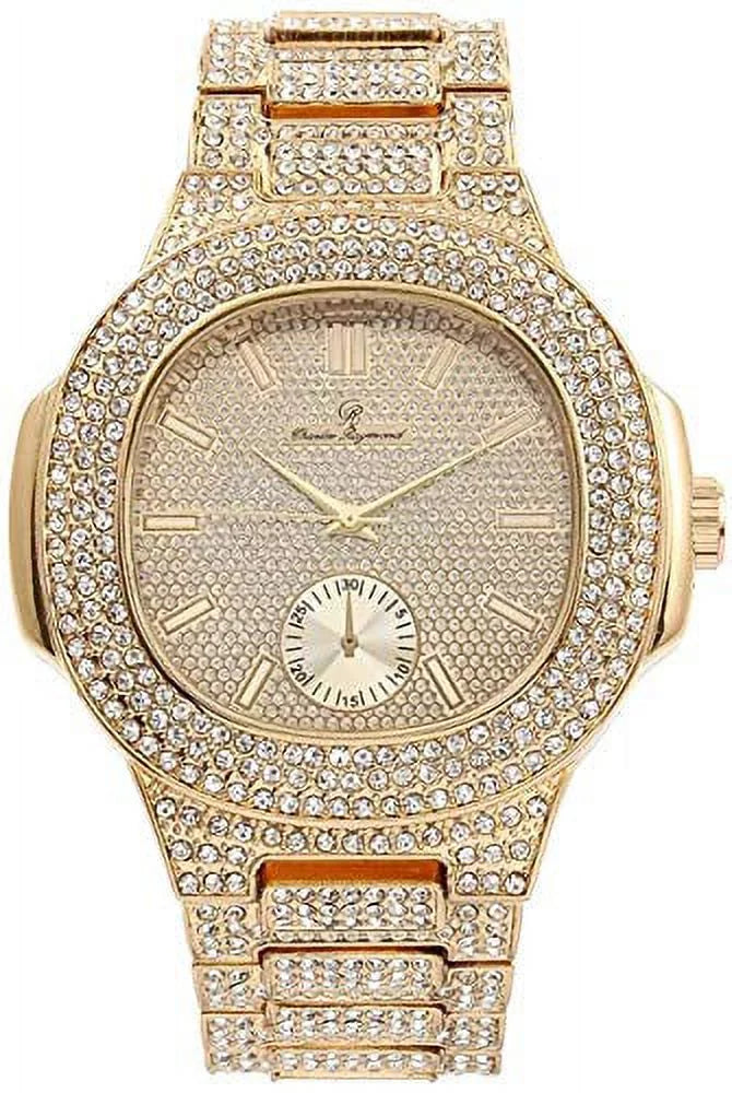 '- 8475B (Gold/Gold) Mens Metal Out Bling-ed Case Watch w/Matching Bracelet Set Bling-ed Oblong Out