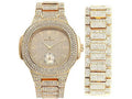 '- 8475B (Gold/Gold) Mens Metal Out Bling-ed Case Watch w/Matching Bracelet Set Bling-ed Oblong Out