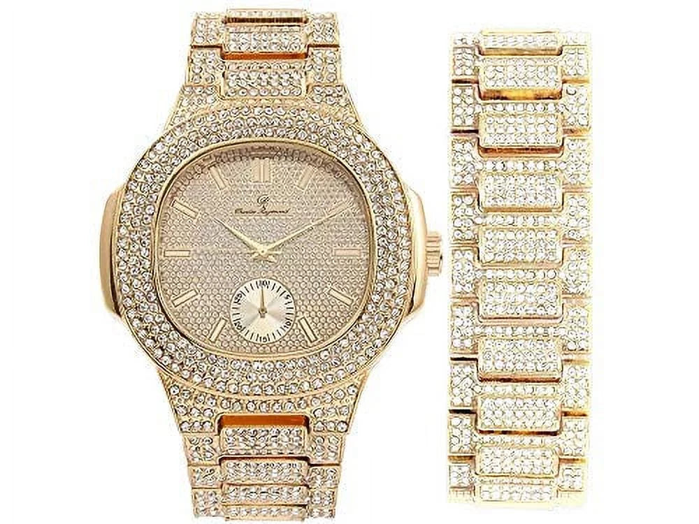 '- 8475B (Gold/Gold) Mens Metal Out Bling-ed Case Watch w/Matching Bracelet Set Bling-ed Oblong Out