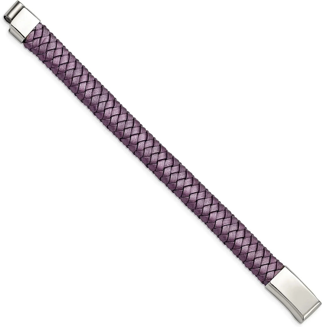 Leather Bracelet Polished Stainless Steel Braided - 7.5" Purple Chisel Metallic