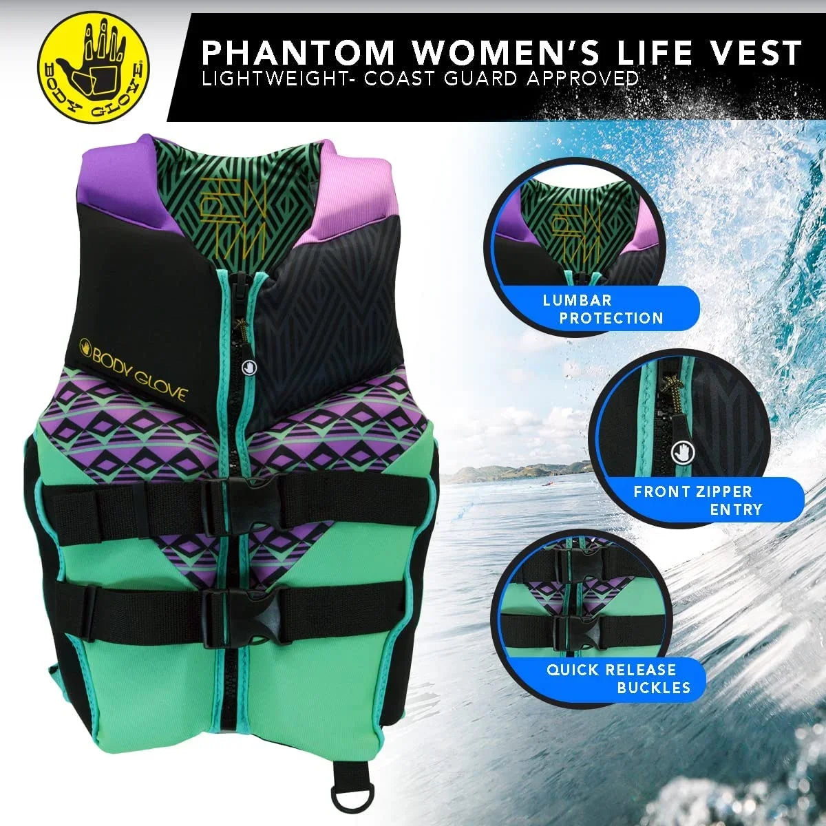Women's 2XL, Glove- Jacket Life -Adult, Aqua Phantom PFD-Adult Women, Body