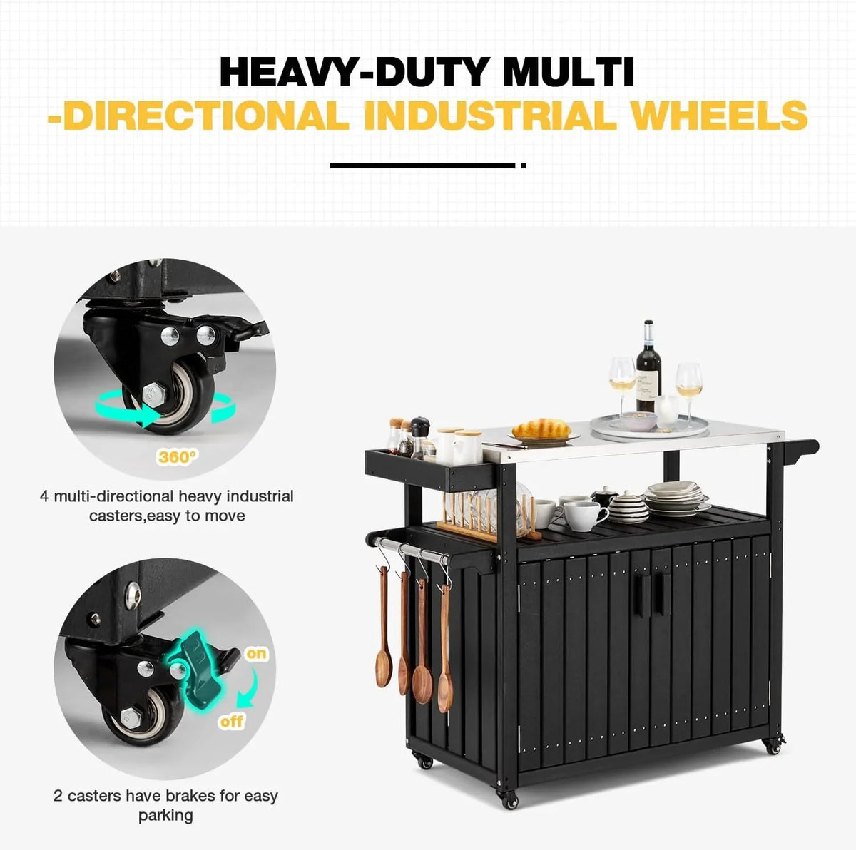 Rolling Towel Rack, Cabinet, Island And Storage Island With With Spice HDPE Steel Rack, Table Cart, Kitchen Black Hooks, Stainless Kitchen Top