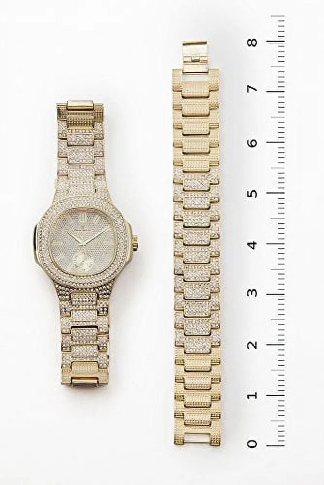 '- 8475B (Gold/Gold) Mens Metal Out Bling-ed Case Watch w/Matching Bracelet Set Bling-ed Oblong Out