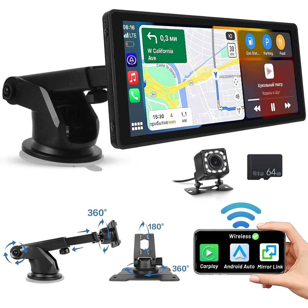 Wireless Podofo AUX Link Stereo Android Card&Backup Mirror Car with Portable FM Carplay 7-32V Bluetooth Camera Vehicles, Suv Auto Screen for 10.26" Touch 64G Van Car Pickup Radio