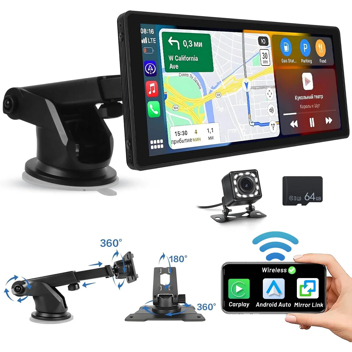 Wireless Podofo AUX Link Stereo Android Card&Backup Mirror Car with Portable FM Carplay 7-32V Bluetooth Camera Vehicles, Suv Auto Screen for 10.26" Touch 64G Van Car Pickup Radio