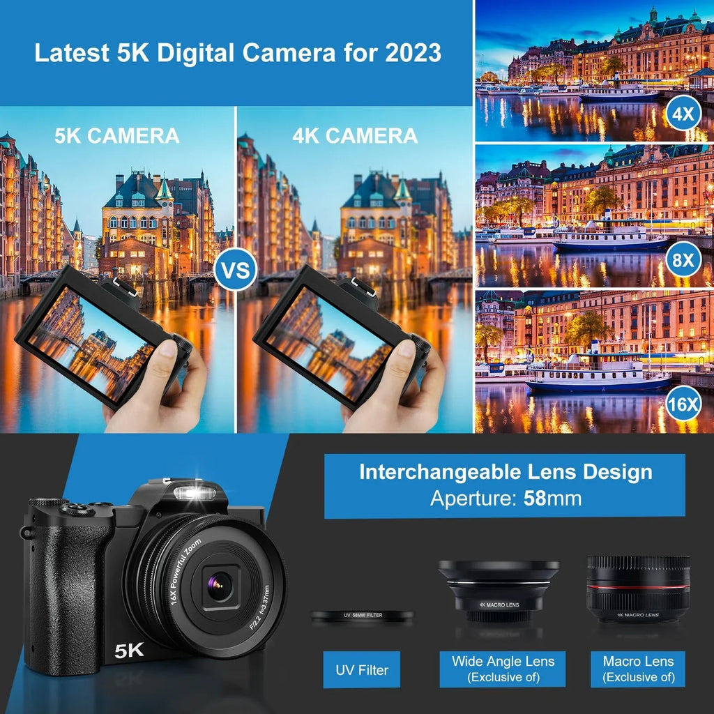 Travel Filter Camera Camera, WiFi 48MP 6-Axis Stabilization 5K 16x Digital Zoom Girls, Beginners with Autofocus Camera Camera, UV Boys, Compact for Vlogging Digital