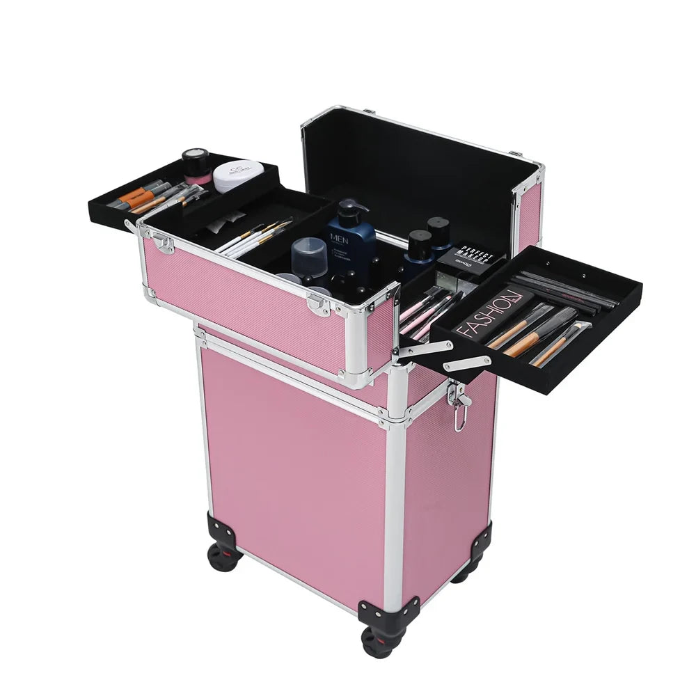 Makeup Case Trolley Case,Pink Case Zeng Drawers Makeup with Train Rolling