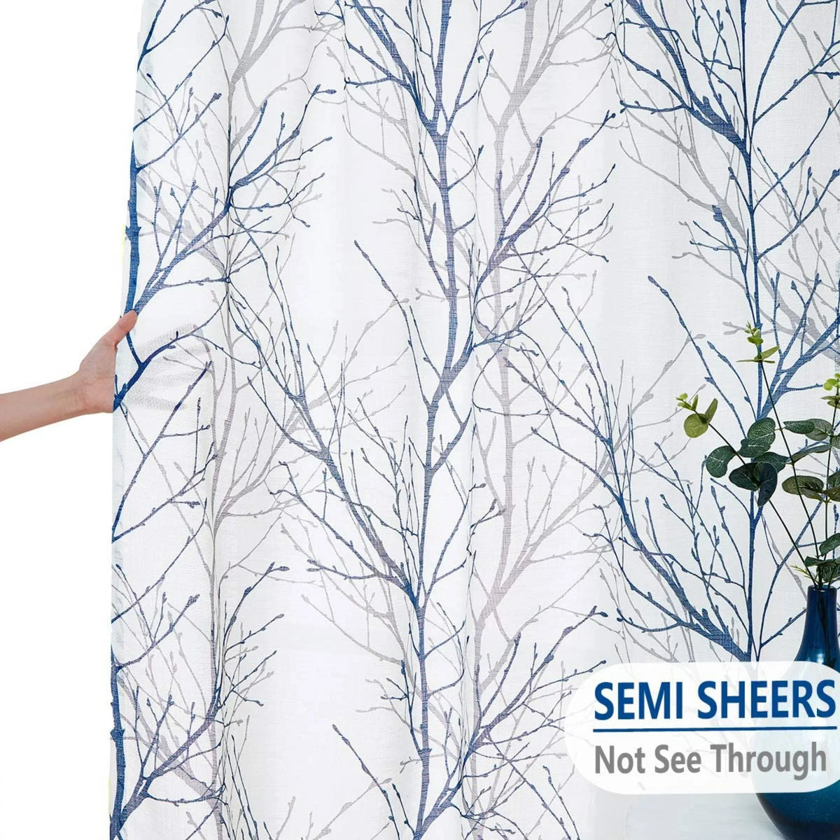 Branches Tree Drapes Gray Blue Living for Sheer for Curtain Decoultimatex Set White Linen Bedroom, Window Sheer Textured Grommet, Print Curtain Panels Room 52"x84"x2 Semi