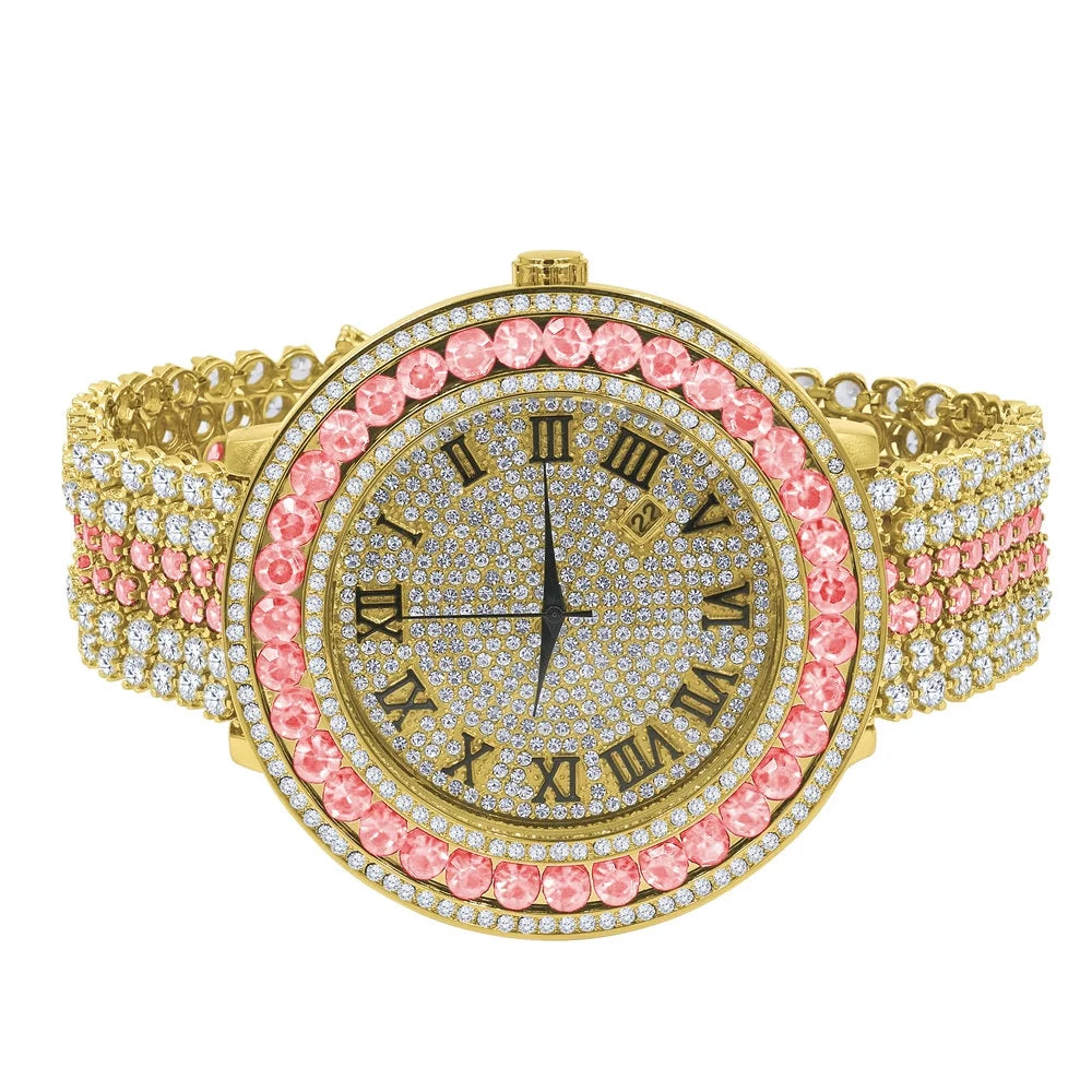 Pink dimension Gold Simulated Roman Face Diamond Rodeo Mens Tourmaline Adjustable Dial Big Jo Band Watch Custom Numeral Tone