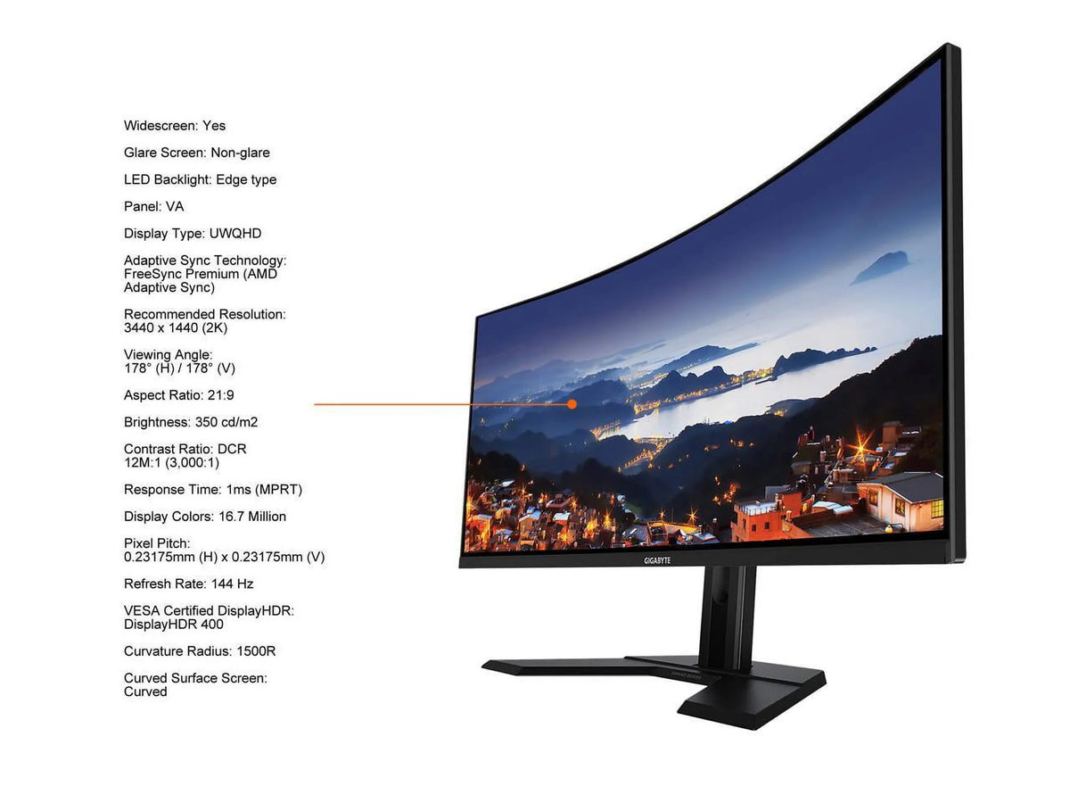 Display Curved DCI-P3, A-SA 34" 3440 VA 2x 144Hz Monitor 90% HDR400, 2K 1500R G34WQC Gaming 1440 DisplayPort Display, VESA GIGABYTE UWQHD x 1ms 2.0 2x 1.4, FreeSync (MPRT), Premium, HDMI