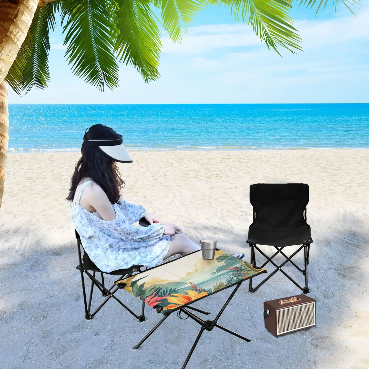 exterior Travel Fishing with Camping BBQ Table Table Portable Storage Table Leaves Landscape Beach Bag Folding Compact Picnic Palm for