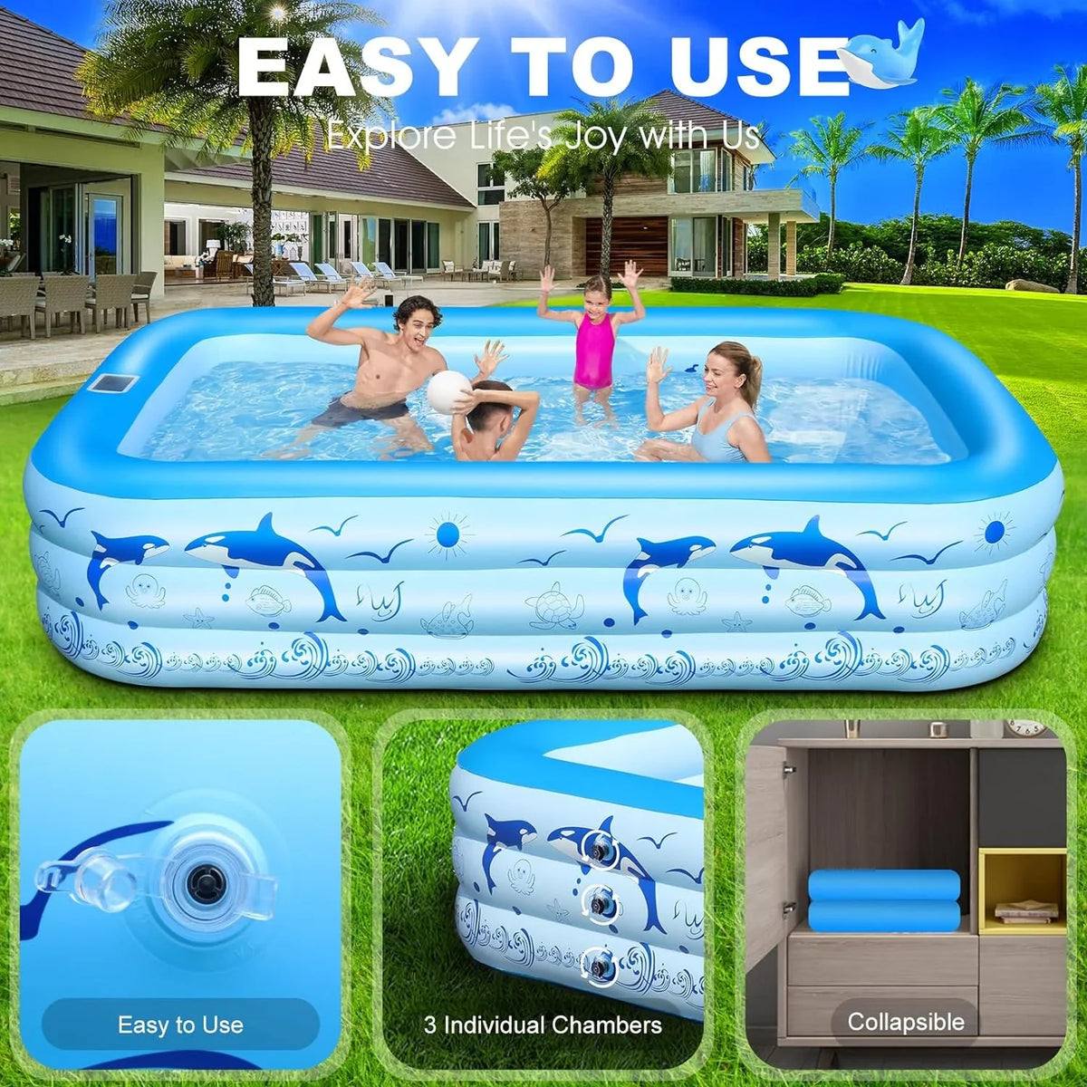 Swimming up Blow Large Kiddle Powered, for Pool, 105"x65"x25''Oversized for Pool Family Pool Backyard Pool with 2024 Upgraded Solar Lights, Kids,Adults, Pool Inflatable Thickened Inflatable