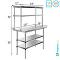 Table Tier Kitchen With Combo Overshelf & Two Prep 48" | 18" | Shelves 12" Work Metal x Shelving Stainless Wide Double Table Steel