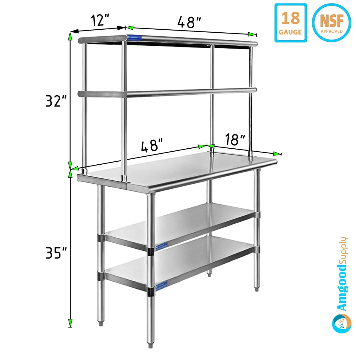 Table Tier Kitchen With Combo Overshelf & Two Prep 48" | 18" | Shelves 12" Work Metal x Shelving Stainless Wide Double Table Steel
