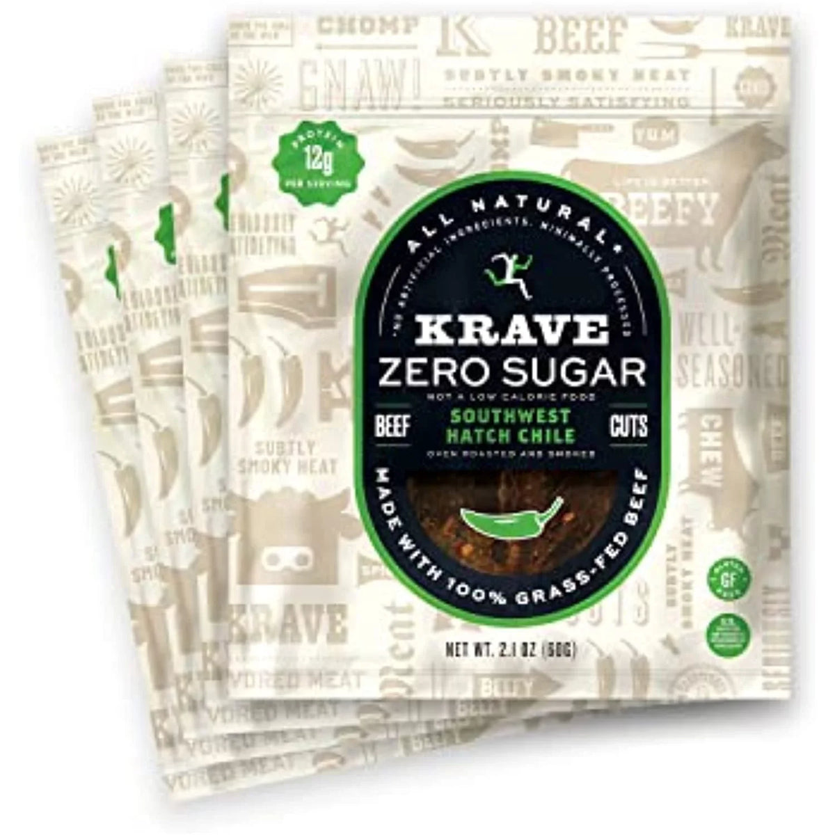Grass-Fed Chile 2.1 Jerky, Gluten-Free, - No Bags 100% Beef No Ingredients, Oz Hatch Zero Pack) Southwest Artificial (4 Krave Sugar, Beef, Protein, Nitrates 12G