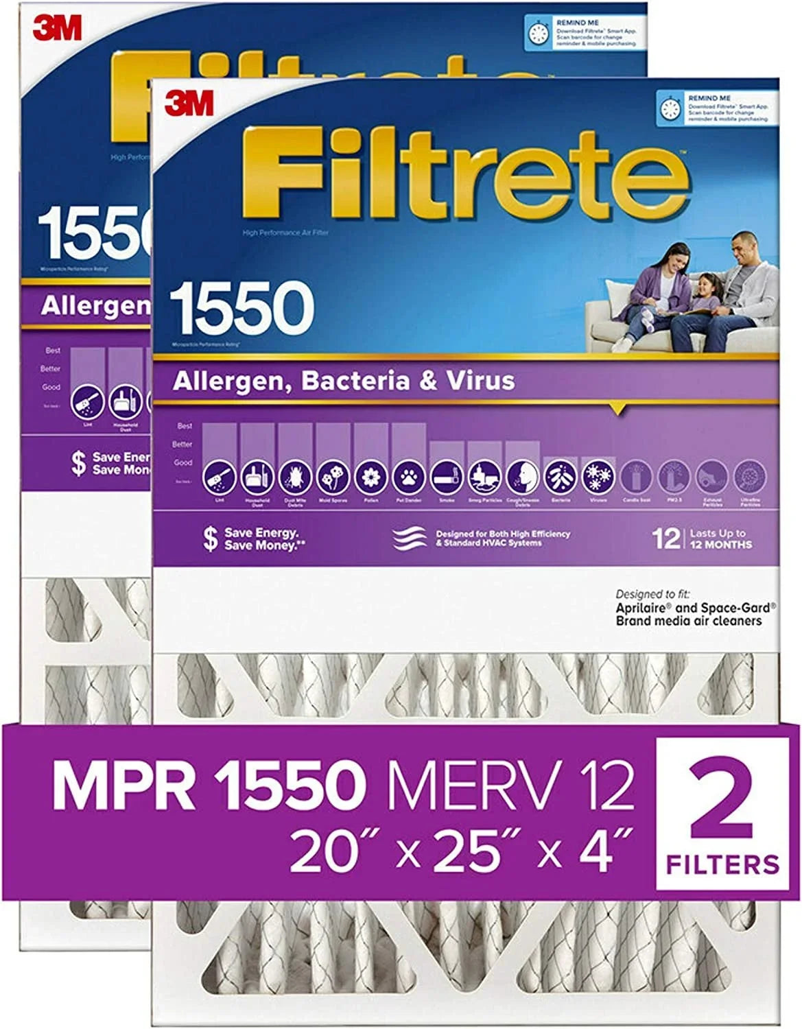 Furnace 2 Allergen, Filtrete AC Filter NDP03-4IN-2P-2 Air & Count Virus, 20x25x4, Bacteria