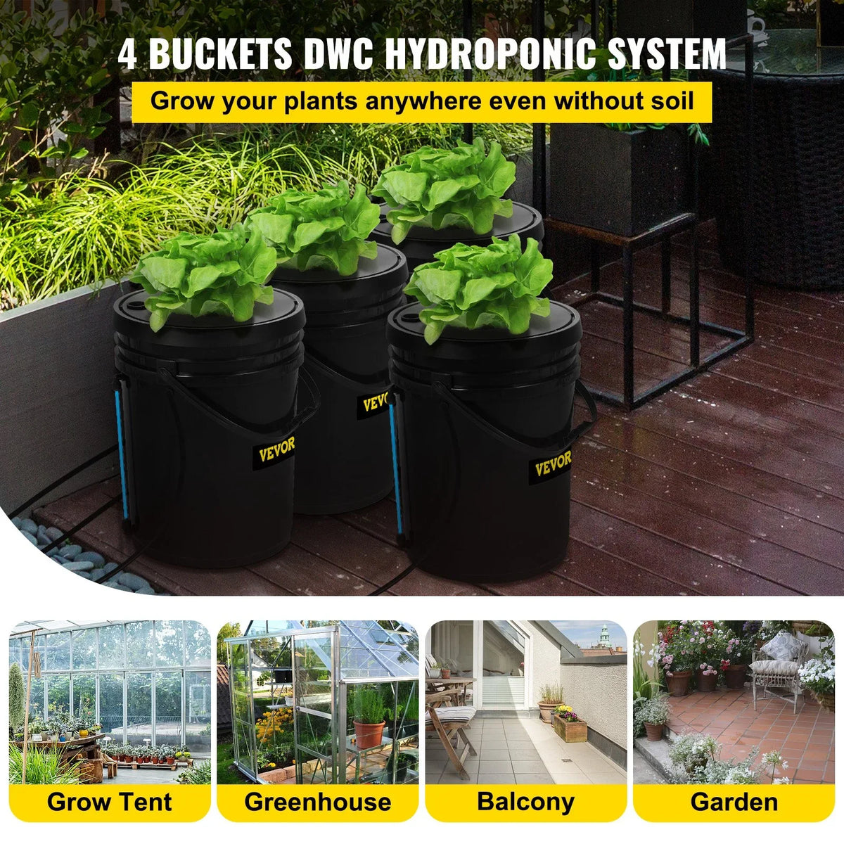 Leafy Hydroponic 5-Gallon, Stone System liquid VEVOR Grow Vegetables Pump, DWC & Indicator with for Kit, Level Air Indoor/exterior 4-Bucket