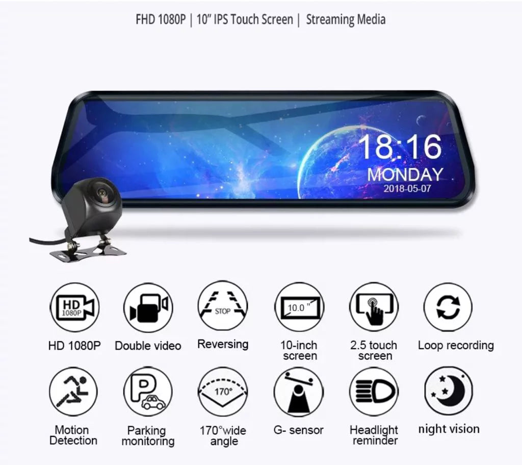 10” & (64 G-Sensor, Rear-View Monitoring Wide Dual Mirror Dash Lens included) Vision Card SD Front Parking Loop Recording Night Touchscreen 1080P Camera Cam GB Angle, 170°