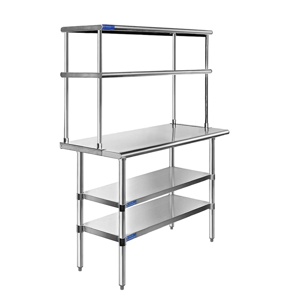 Table Tier Kitchen With Combo Overshelf & Two Prep 48" | 18" | Shelves 12" Work Metal x Shelving Stainless Wide Double Table Steel